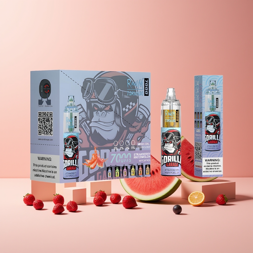 RandM Fumot Tornado 7000 Puffs France Grossiste - Dispositif Jetable 14 ML E-liquide, Batterie 850 MAH, Coil Mesh, Port Type-C, Ajustement d'Air, Fraise Pastèque (Strawberry Watermelon)