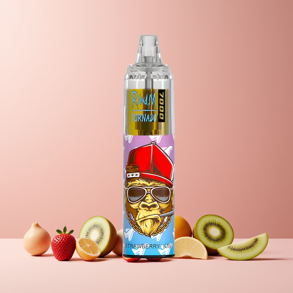 RandM Fumot Tornado 7000 Puffs France Grossiste - Dispositif Jetable 14 ML E-liquide, Batterie 850 MAH, Type-C, 0-5% Nicotine, Fraise Kiwi (Strawberry Kiwi)