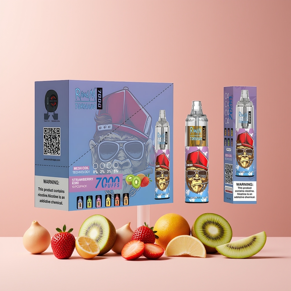 RandM Fumot Tornado 7000 Puffs France Grossiste - Dispositif Jetable 14 ML E-liquide, Batterie 850 MAH, Type-C, 0-5% Nicotine, Fraise Kiwi (Strawberry Kiwi)