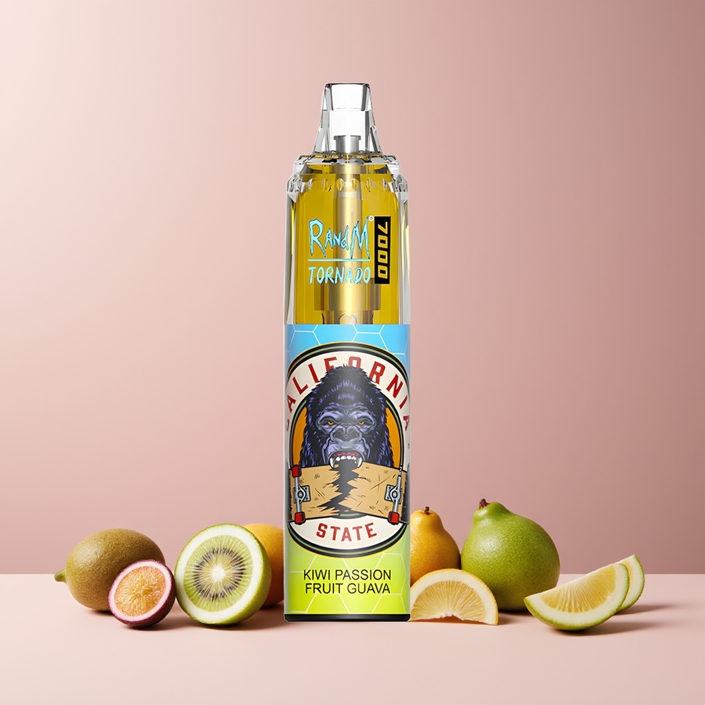 RandM Fumot Tornado 7000 Puffs France Grossiste - Dispositif Jetable avec 14 ML d'E-Liquide, Batterie 850 MAH, Bobine Mesh, Ajustement d'Air et Saveur Kiwi Fruit de la Passion Goyave
