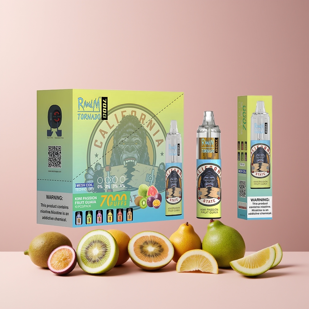RandM Fumot Tornado 7000 Puffs France Grossiste - Dispositif Jetable avec 14 ML d'E-Liquide, Batterie 850 MAH, Bobine Mesh, Ajustement d'Air et Saveur Kiwi Fruit de la Passion Goyave