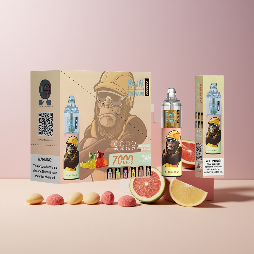 RandM Fumot Tornado 7000 Puffs France Grossiste - E-Liquide 14 ML, Batterie 850 MAH, Ourson Gommé, Coil Mesh, Port Type-C, Lumière RGB, Nicotine 0%-5%, Air-Adjustable