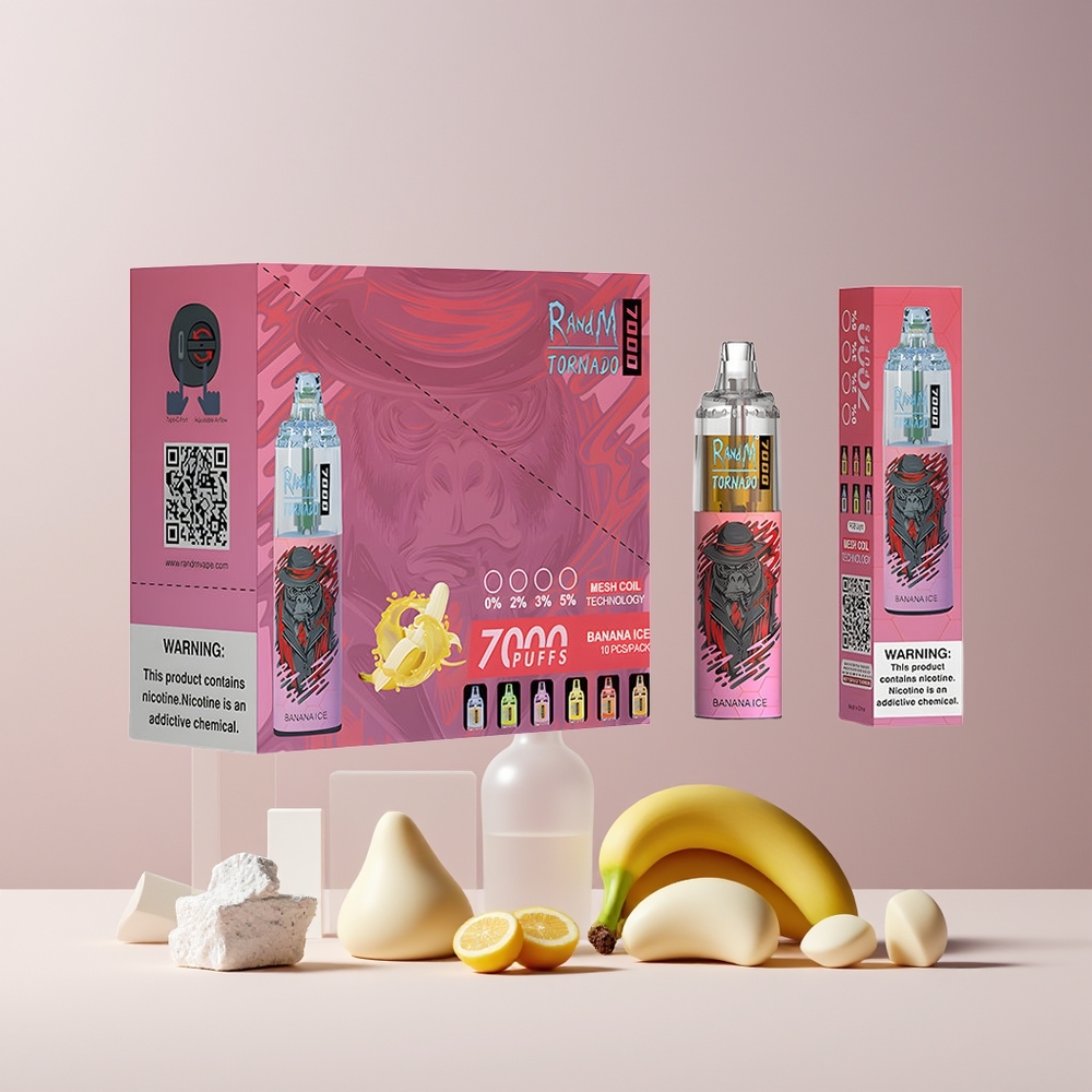 RandM Fumot Tornado 7000 Puffs France Grossiste - Glace Banane, 14 ML, 850 MAH, Bobine Mesh, Port Type-C, Lumière RGB, Nicotine 0%-5%, Air-Adjustable