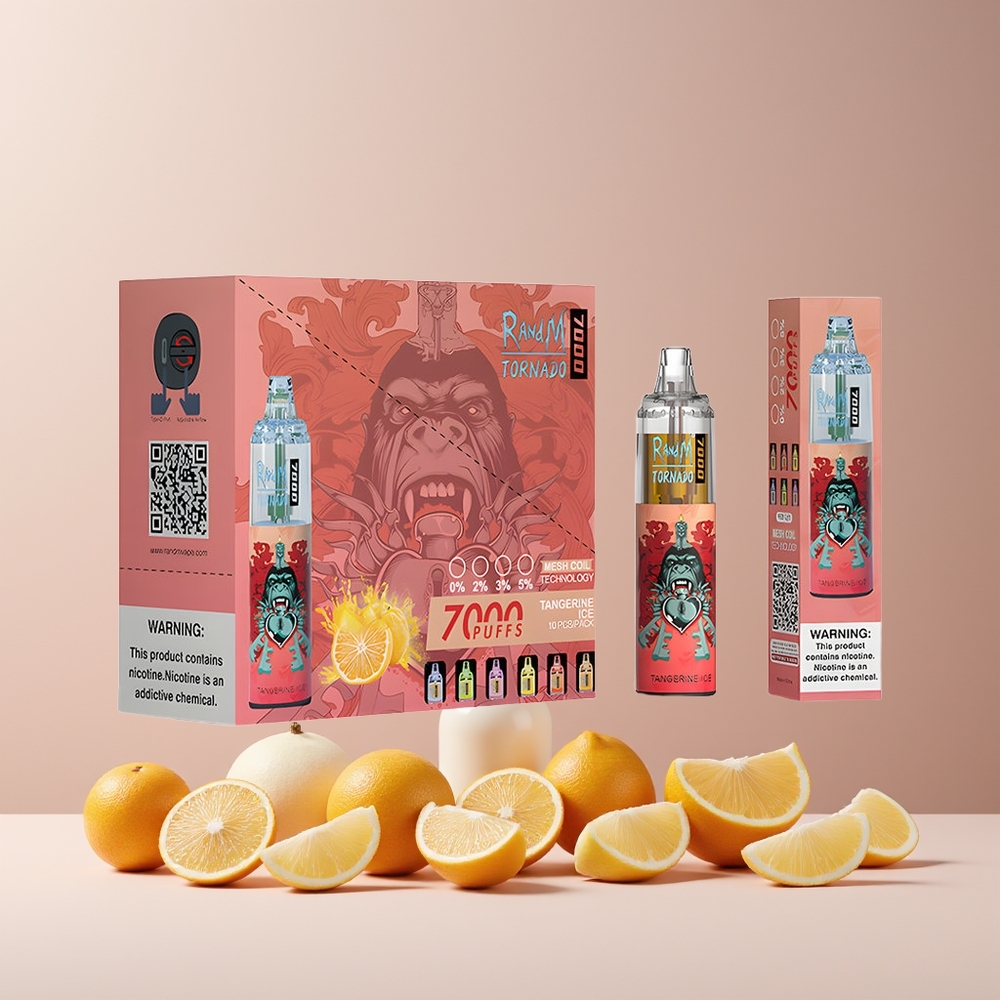 RandM Fumot Tornado 7000 Puffs France Grossiste - Glace Mandarine, 14 ML, 850 MAH, Bobine Mesh, Port Type-C, Lumière RGB