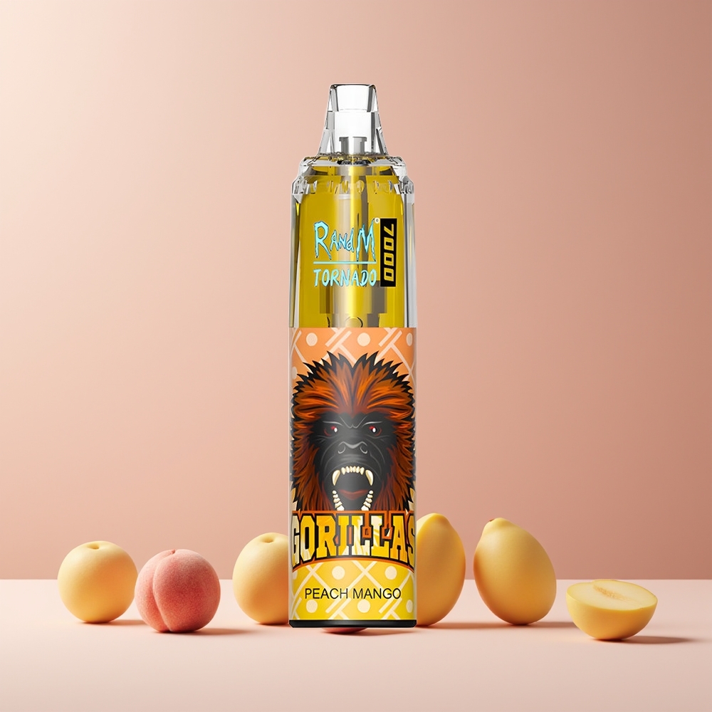 RandM Fumot Tornado 7000 Puffs France Grossiste - Pêche Mangue - 14 ML E-liquide - 850 MAH Batterie - Résistance Mesh - Port Type-C - Lumière RGB - Nicotine 0%,2%,3%,5% - Air-Adjustable