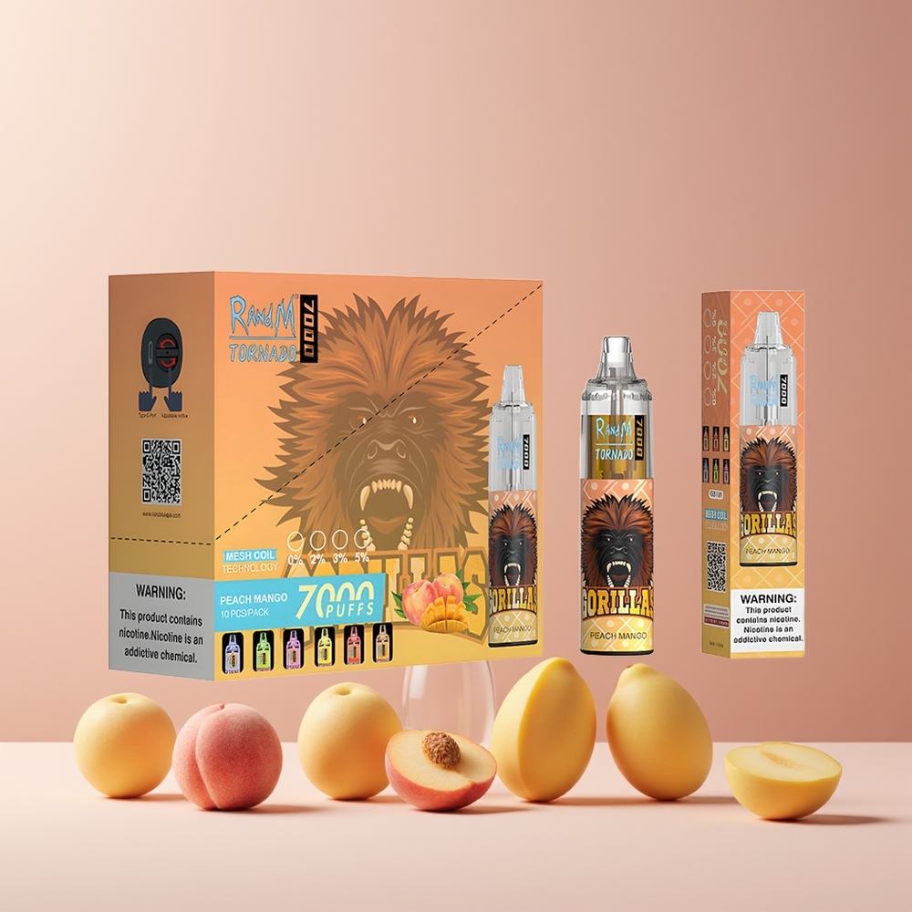 RandM Fumot Tornado 7000 Puffs France Grossiste - Pêche Mangue - 14 ML E-liquide - 850 MAH Batterie - Résistance Mesh - Port Type-C - Lumière RGB - Nicotine 0%,2%,3%,5% - Air-Adjustable