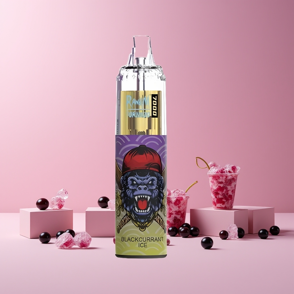 RandM Fumot Tornado 7000 Puffs France grossiste - 14 ML E-liquide, Batterie 850 MAH, Bobine Mesh, Type-C, Glace Cassis Noir