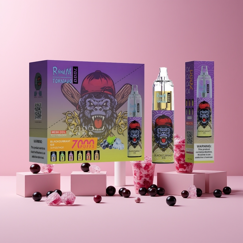 RandM Fumot Tornado 7000 Puffs France grossiste - 14 ML E-liquide, Batterie 850 MAH, Bobine Mesh, Type-C, Glace Cassis Noir