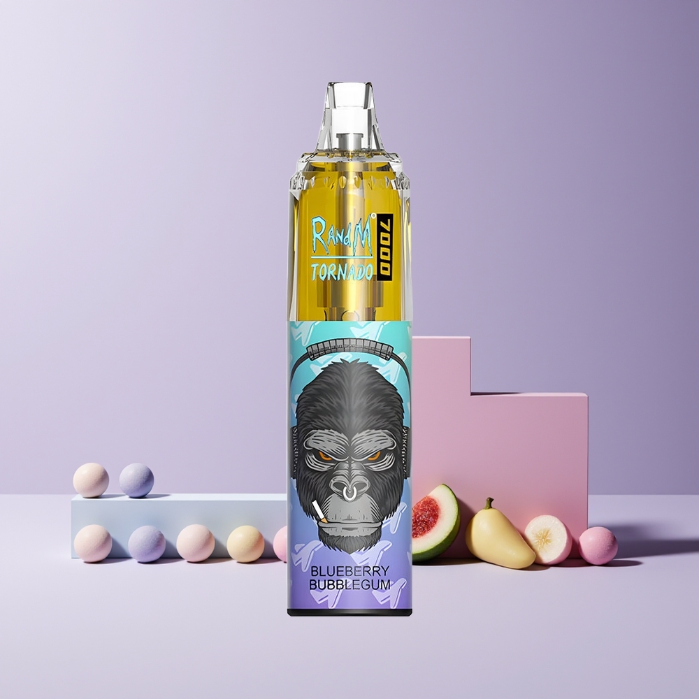 RandM Fumot Tornado 7000 Puffs France grossiste - 14 ML E-liquide, Batterie 850 MAH, Bobine Mesh, Type-C, Lumière RGB, Air-Adjustable, Bubblegum Myrtille (Blueberry Bubblegum)