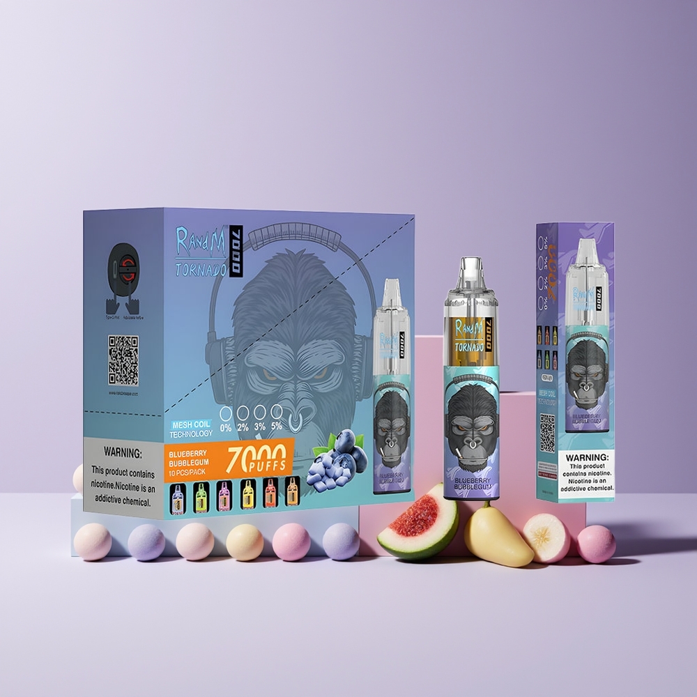 RandM Fumot Tornado 7000 Puffs France grossiste - 14 ML E-liquide, Batterie 850 MAH, Bobine Mesh, Type-C, Lumière RGB, Air-Adjustable, Bubblegum Myrtille (Blueberry Bubblegum)