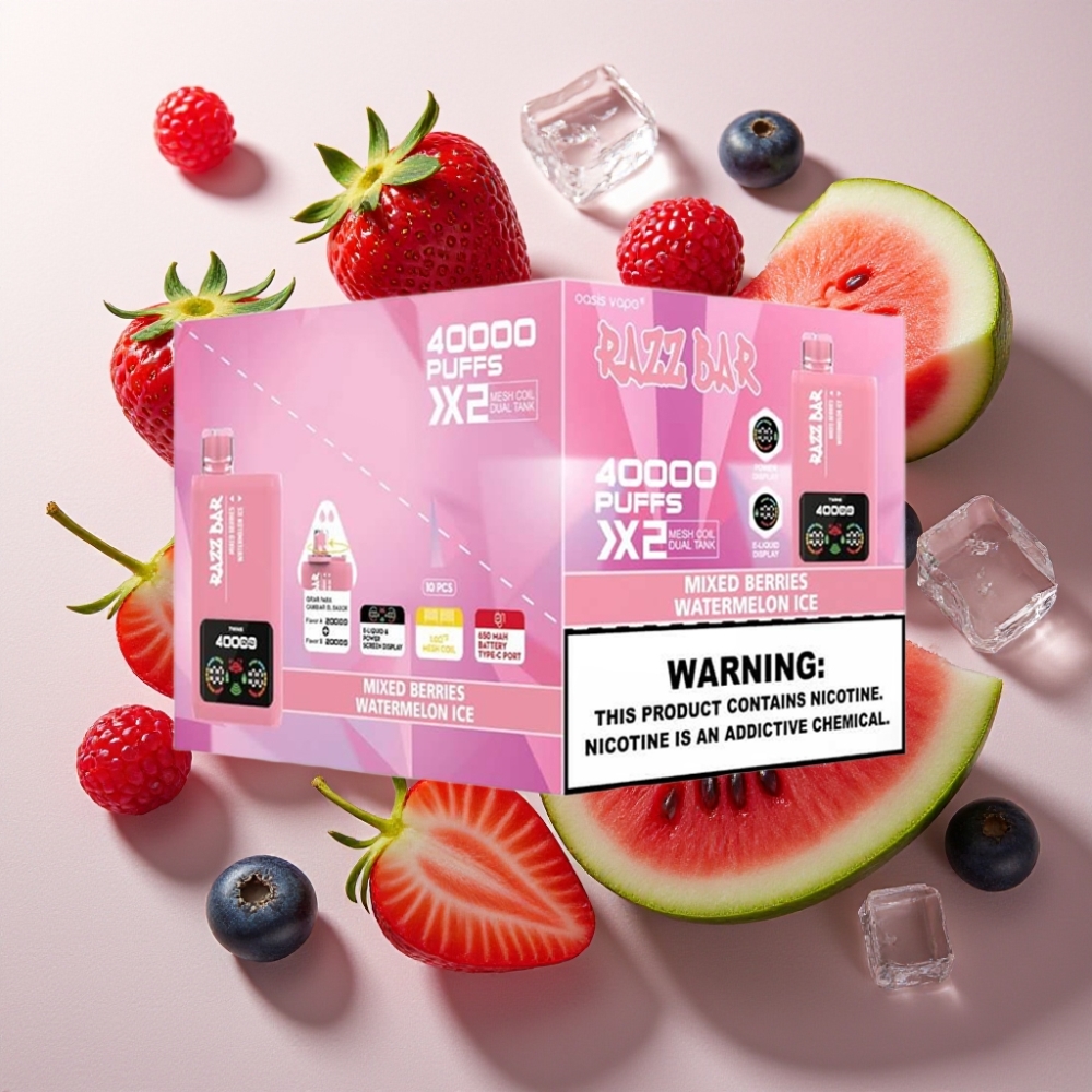 Razz Bar 40000 Puffs France Grossiste – Ecigarette Jetable avec Affichage Écran, 1.0Ω 2 Mesh Coil, Batterie 650 mAh, Type-C, 2%/5% Nicotine, Baies Mixtes & Glace à la Pastèque