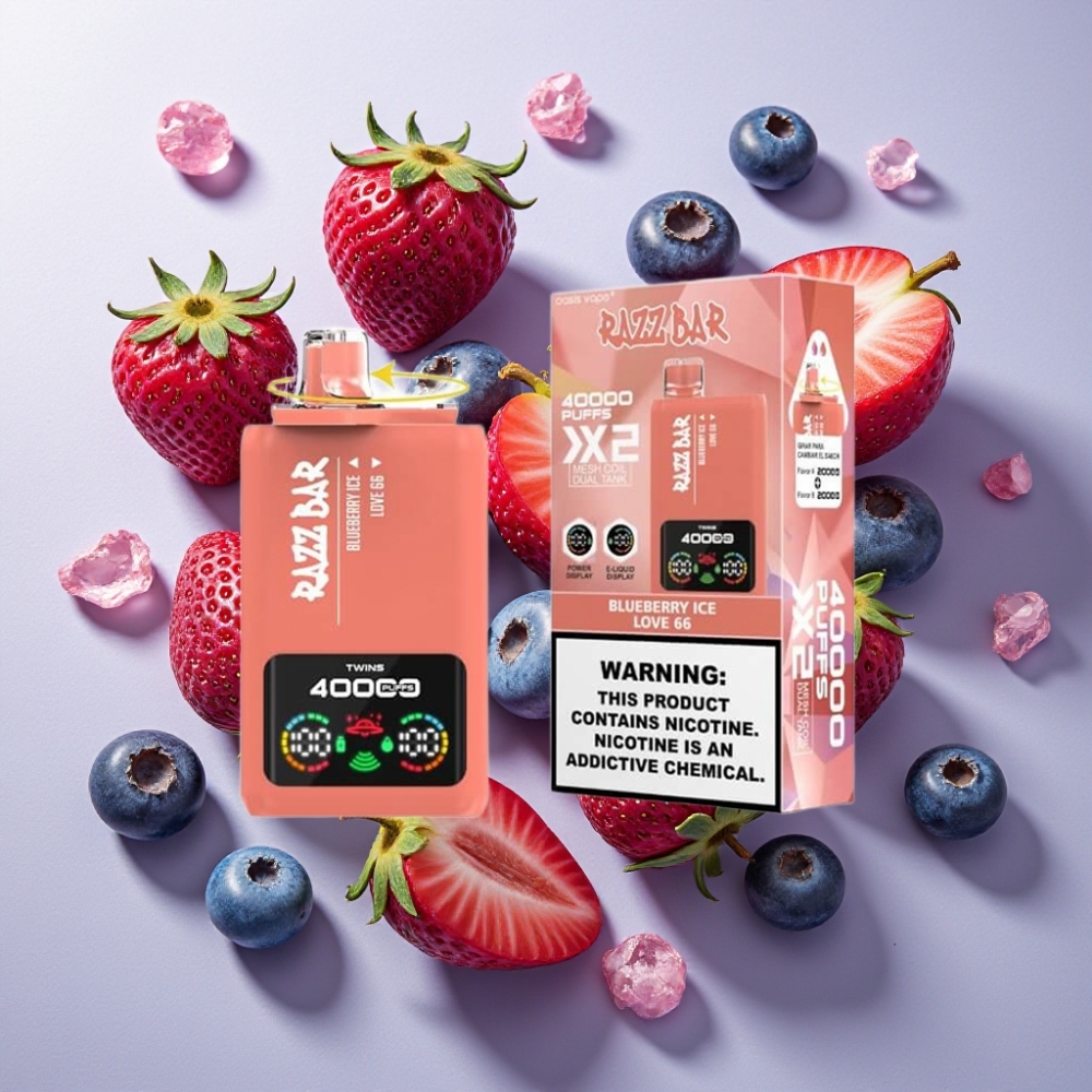Razz Bar 40000 Puffs France Grossiste - Écran d'Alimentation, Double Bobine Mesh 1.0Ω, Glace Myrtille & Amour 66