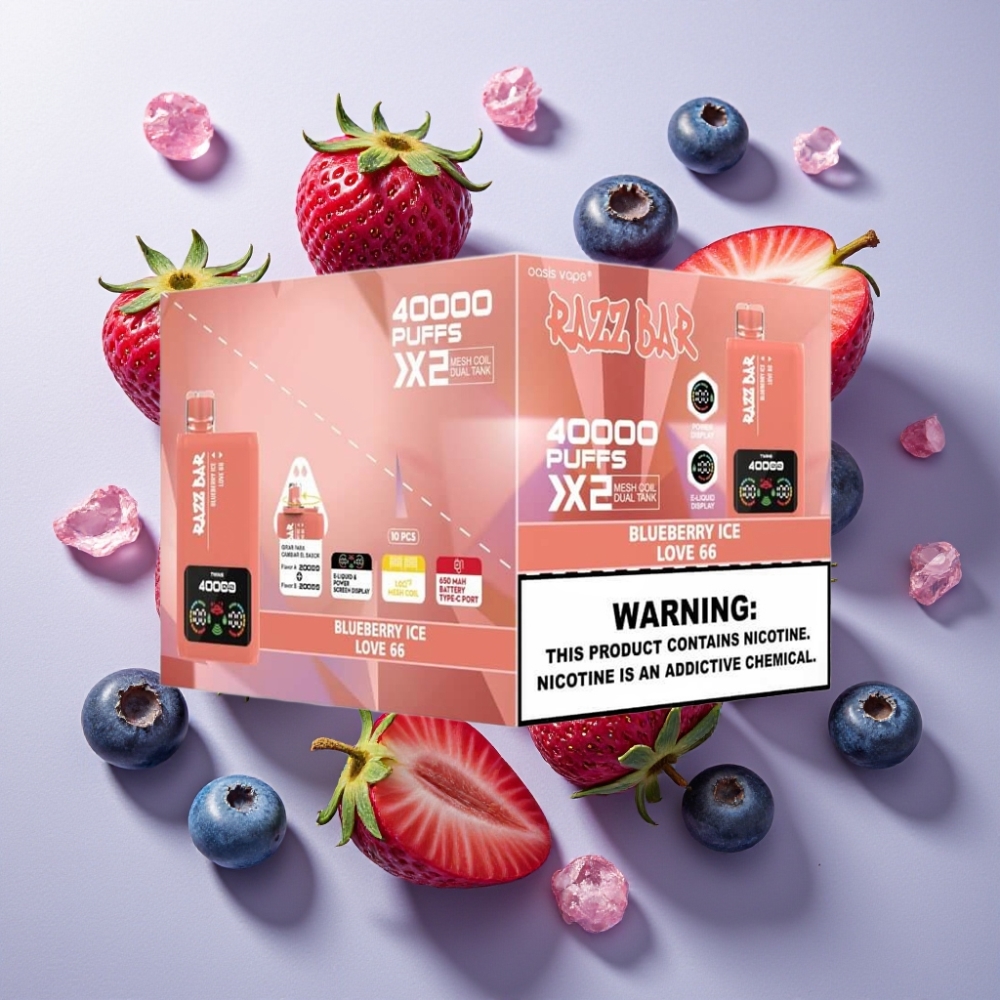 Razz Bar 40000 Puffs France Grossiste - Écran d'Alimentation, Double Bobine Mesh 1.0Ω, Glace Myrtille & Amour 66