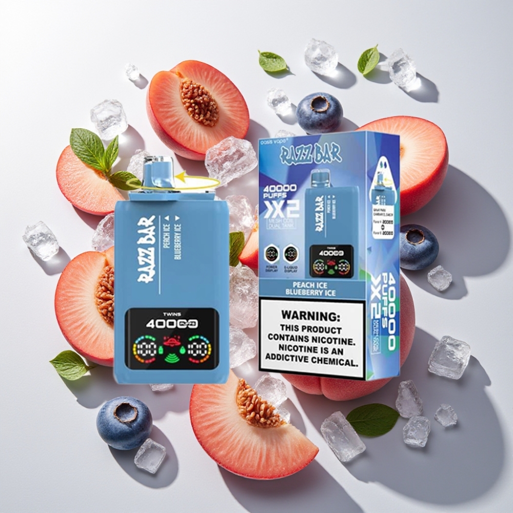 Razz Bar France Grossiste - 40000 Puffs Affichage Écran Puissance, Double Bobine Mesh 1.0Ω, Glace Pêche & Glace Myrtille