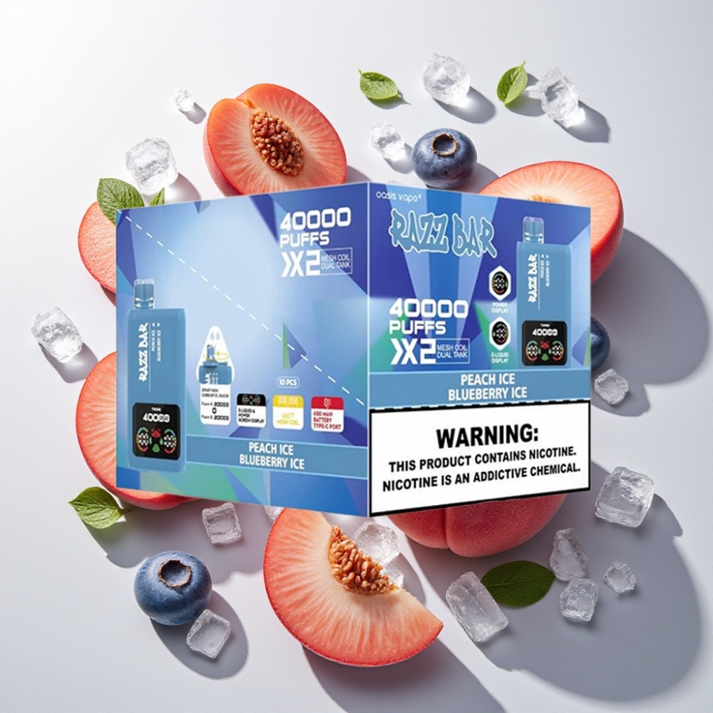 Razz Bar France Grossiste - 40000 Puffs Affichage Écran Puissance, Double Bobine Mesh 1.0Ω, Glace Pêche & Glace Myrtille