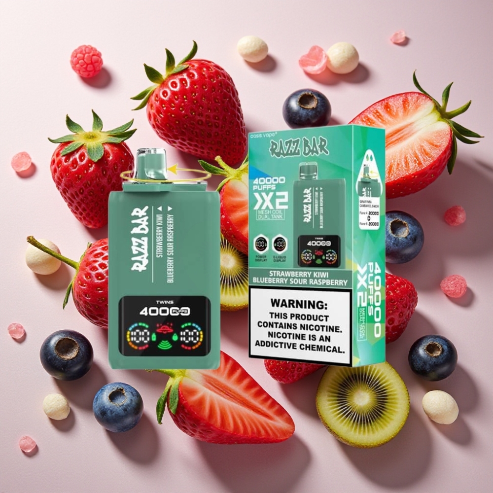 Razz Bar France Grossiste - 40000 Puffs Écran Affichage, Batterie 650mAh, Type-C, 2% et 5% Nicotine, Fraise Kiwi & Myrtille Framboise Acidulée