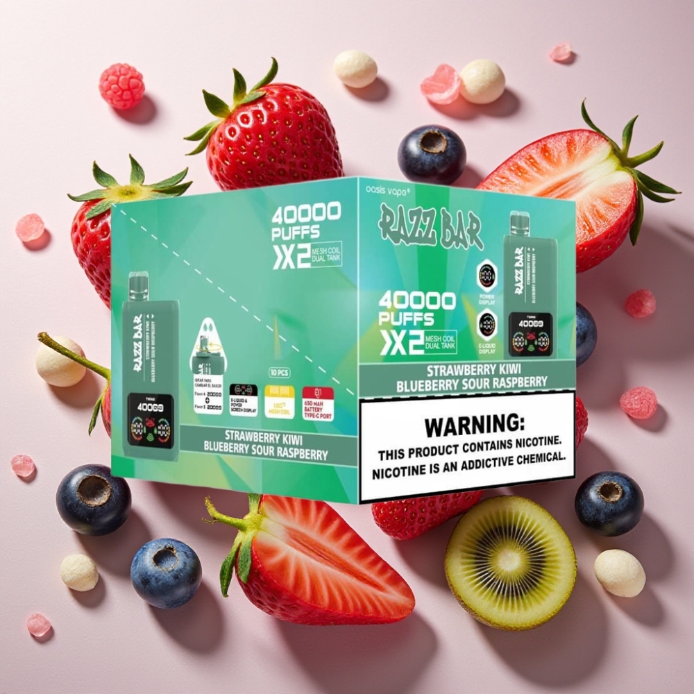 Razz Bar France Grossiste - 40000 Puffs Écran Affichage, Batterie 650mAh, Type-C, 2% et 5% Nicotine, Fraise Kiwi & Myrtille Framboise Acidulée