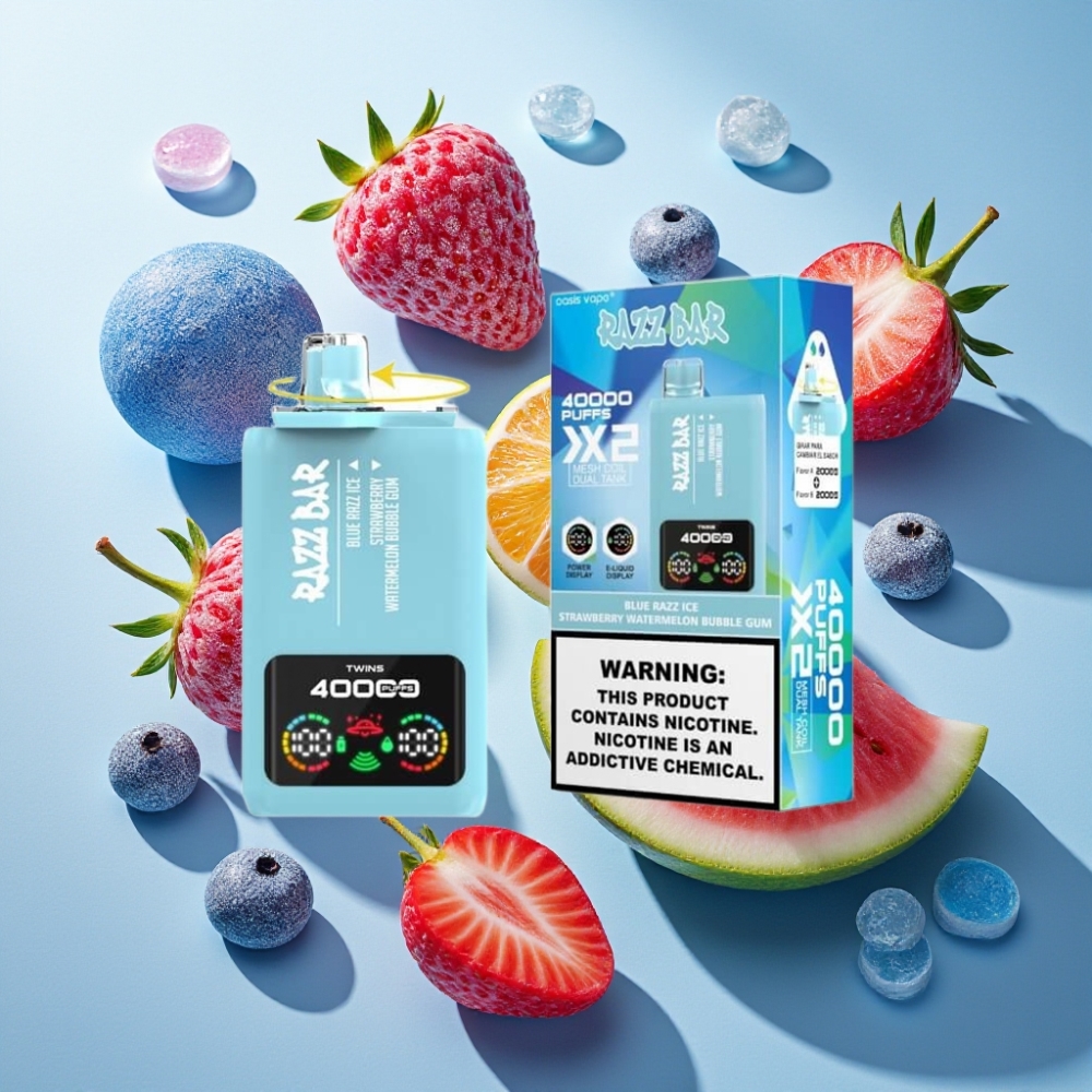 Razz Bar France Grossiste - 40000 Puffs - Écran d'Alimentation - Double Bobine Mesh 1.0Ω - Bleu Framboise Glace & Pastèque Bubble Gum
