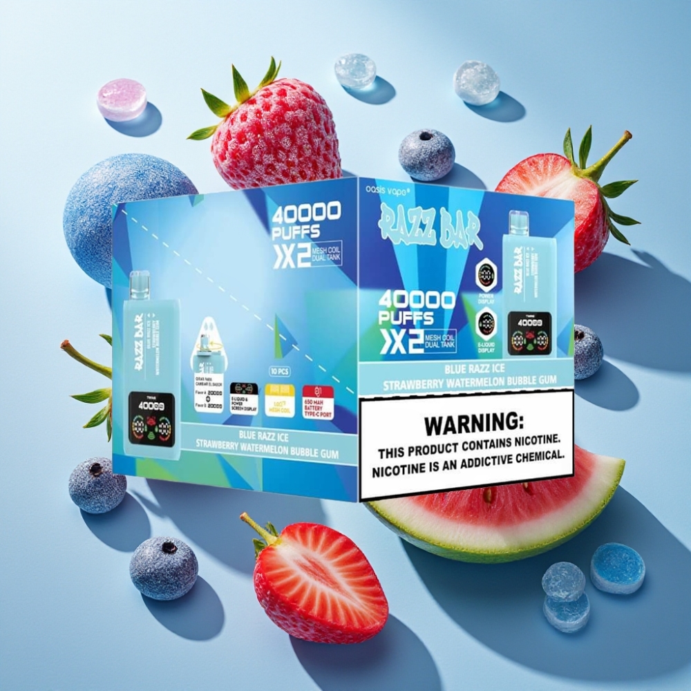Razz Bar France Grossiste - 40000 Puffs - Écran d'Alimentation - Double Bobine Mesh 1.0Ω - Bleu Framboise Glace & Pastèque Bubble Gum