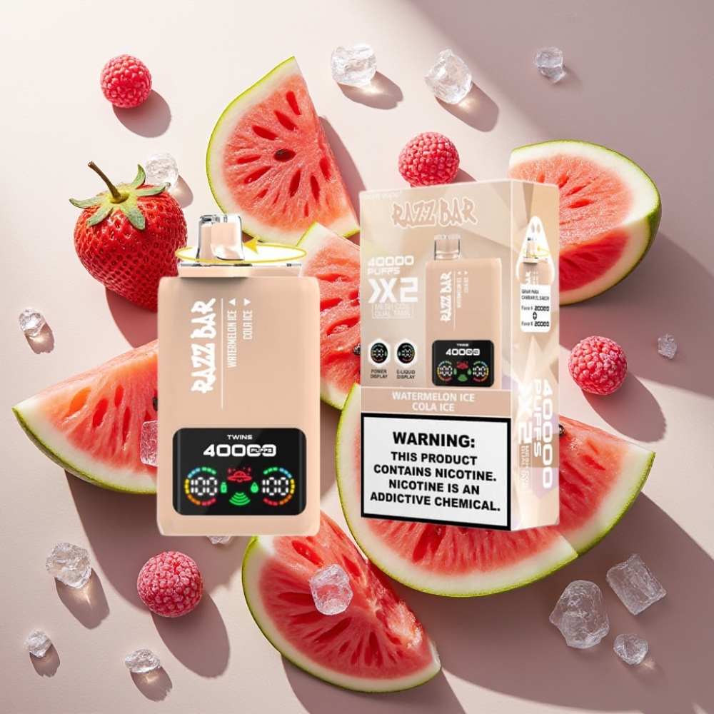 Razz Bar France Grossiste - électronique jetable 40000 bouffées avec écran d'alimentation, batterie 650 mAh, coil mesh 1.0Ω 2, type-C, Pastèque Glacée & Cola Glacé