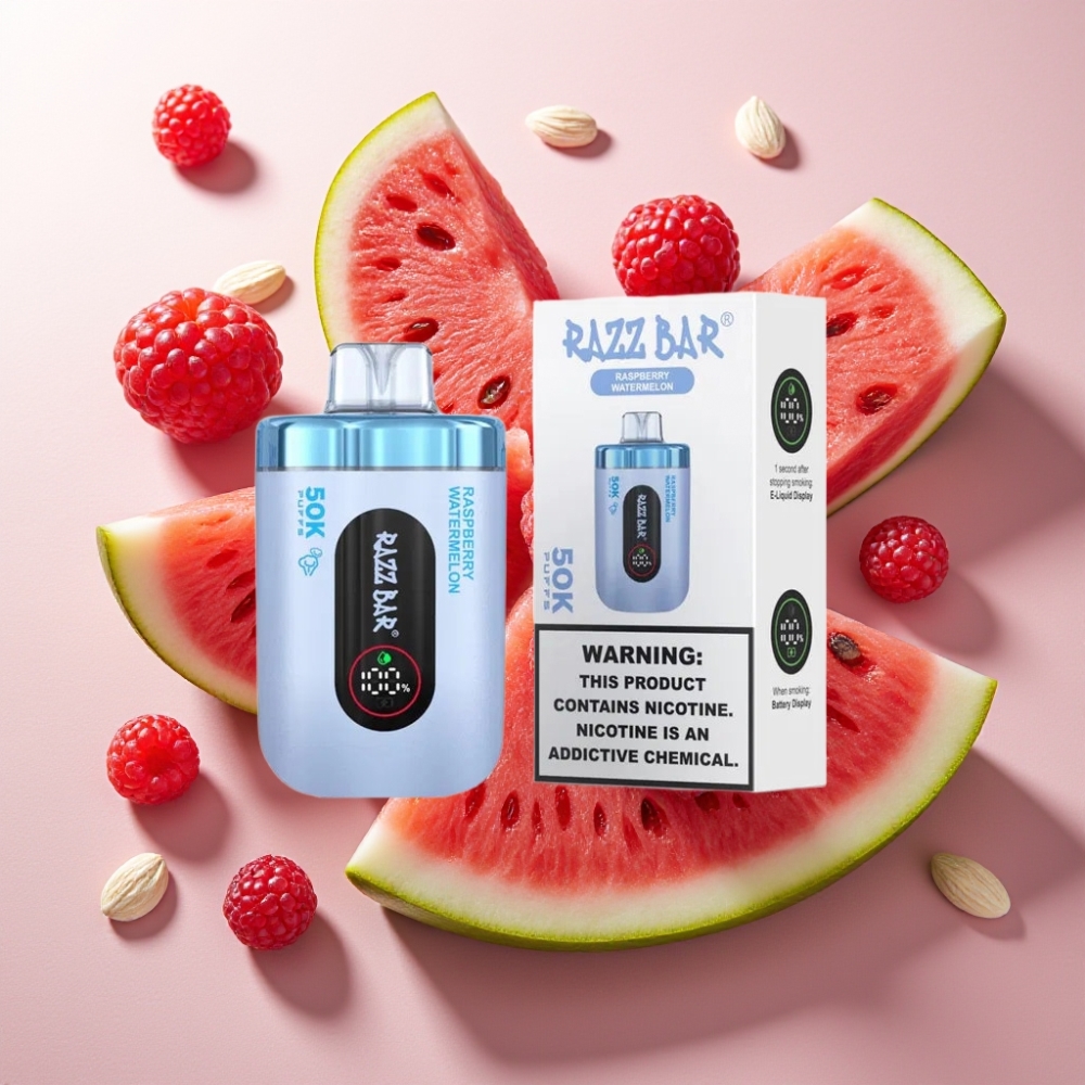 Razz Bar 50K Puffs France Grossiste - Dispositif de Vape Jetable avec 50000 Bouffées, Bobine Mesh 1.0 Ohm, Batterie 650 Mah, Rechargeable Type-C, 2% Nicotine, Framboise Pastèque