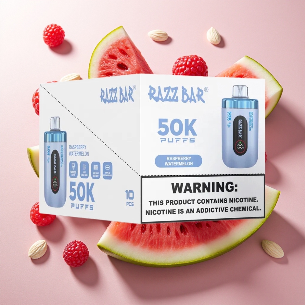 Razz Bar 50K Puffs France Grossiste - Dispositif de Vape Jetable avec 50000 Bouffées, Bobine Mesh 1.0 Ohm, Batterie 650 Mah, Rechargeable Type-C, 2% Nicotine, Framboise Pastèque