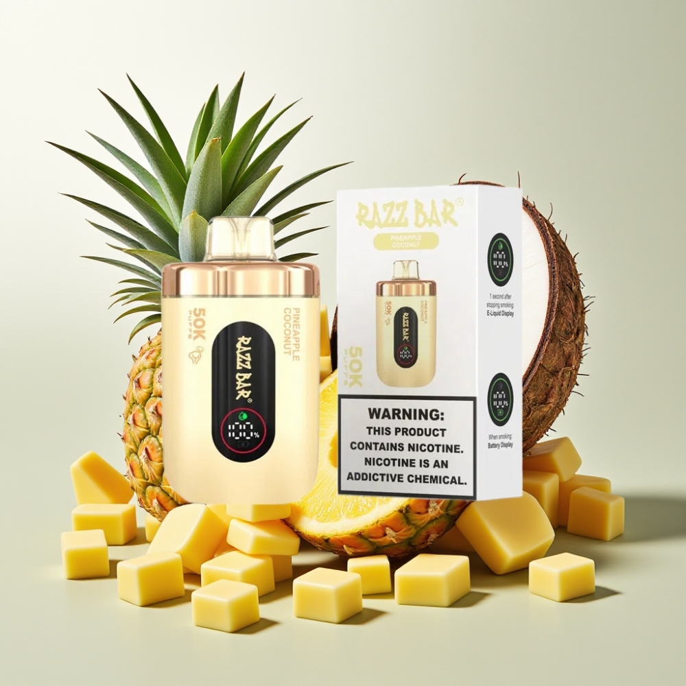 Razz Bar 50K Puffs France Grossiste - Dispositif de Vape Jetable avec 50000 Bouffées, Bobine Mesh 1.0 Ohm, Batterie 650 mAh, Rechargeable Type-C, 2% Nicotine, Ananas Noix de Coco