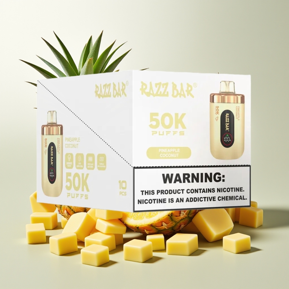 Razz Bar 50K Puffs France Grossiste - Dispositif de Vape Jetable avec 50000 Bouffées, Bobine Mesh 1.0 Ohm, Batterie 650 mAh, Rechargeable Type-C, 2% Nicotine, Ananas Noix de Coco
