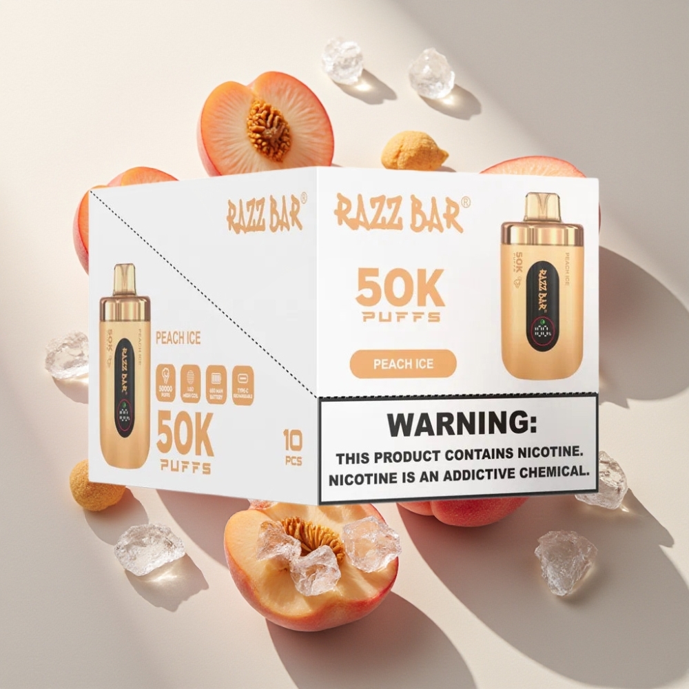 Razz Bar 50K Puffs France Grossiste - Dispositif de Vape Jetable avec 50000 Bouffées, Bobine Mesh 1.0 Ohm, Batterie 650 mAh, Rechargeable Type-C, 2% Nicotine, Pêche Glacée