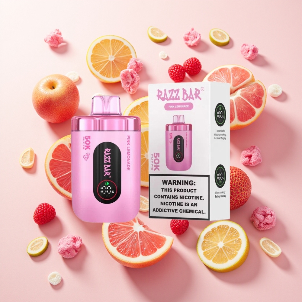Razz Bar 50K Puffs France Grossiste - E-liquide Citronade Rose, 50000 Puffs, Coil Mesh 1.0 Ohm, Batterie 650mAh, Rechargeable Type-C, 2% Nicotine