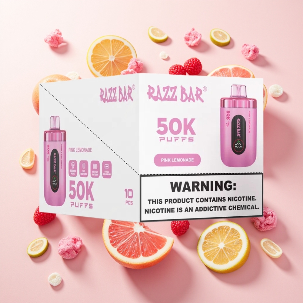 Razz Bar 50K Puffs France Grossiste - E-liquide Citronade Rose, 50000 Puffs, Coil Mesh 1.0 Ohm, Batterie 650mAh, Rechargeable Type-C, 2% Nicotine