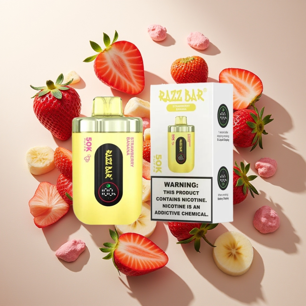 Razz Bar 50K Puffs France Grossiste - E-liquide Fraise Banane - 50000 Puffs, Bobine Mesh 1.0 Ohm, Batterie 650mAh, Rechargeable Type-C, 2% Nicotine
