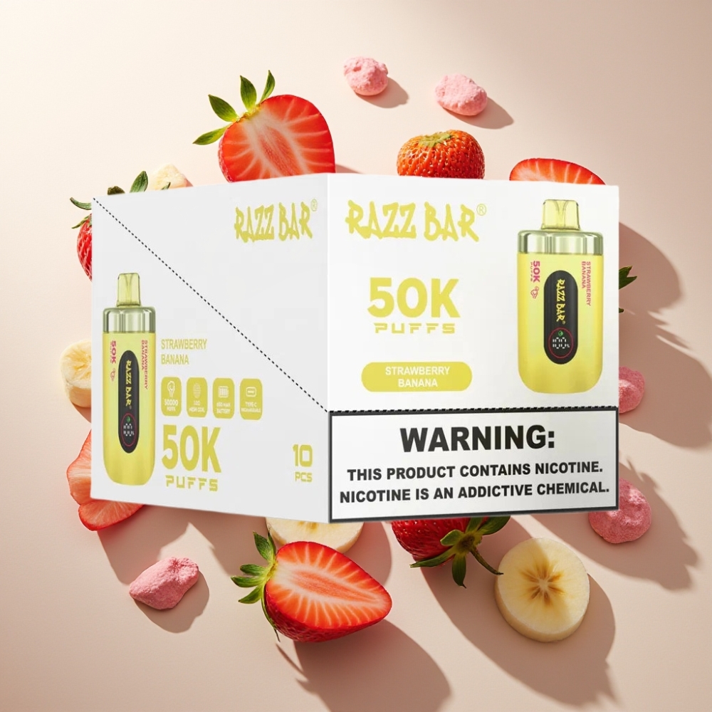 Razz Bar 50K Puffs France Grossiste - E-liquide Fraise Banane - 50000 Puffs, Bobine Mesh 1.0 Ohm, Batterie 650mAh, Rechargeable Type-C, 2% Nicotine