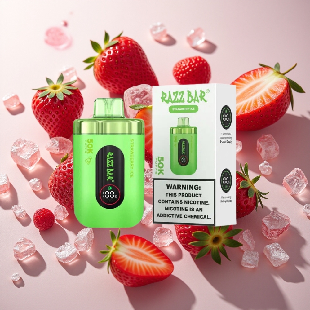 Razz Bar 50K Puffs France Grossiste - E-liquide Fraise Glacée, 50000 Puffs, Batterie 650 mAh, Rechargeable Type-C, 2% Nicotine