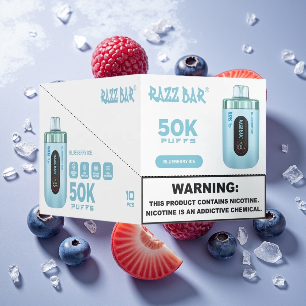 Razz Bar 50K Puffs France Grossiste - E-liquide Glace Myrtille, 50000 Puffs, Bobine Mesh 1.0 Ohm, Batterie 650 mAh, Rechargeable Type-C, 2% Nicotine