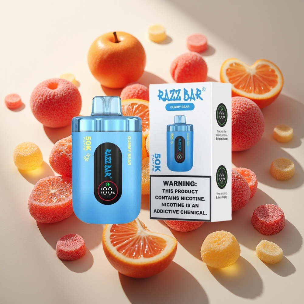 Razz Bar 50K Puffs France Grossiste - E-liquide Ourson Gélifié, 50000 Bouffées, Bobine Mesh 1.0 Ohm, Batterie 650mAh, Rechargeable Type-C, 2% Nicotine