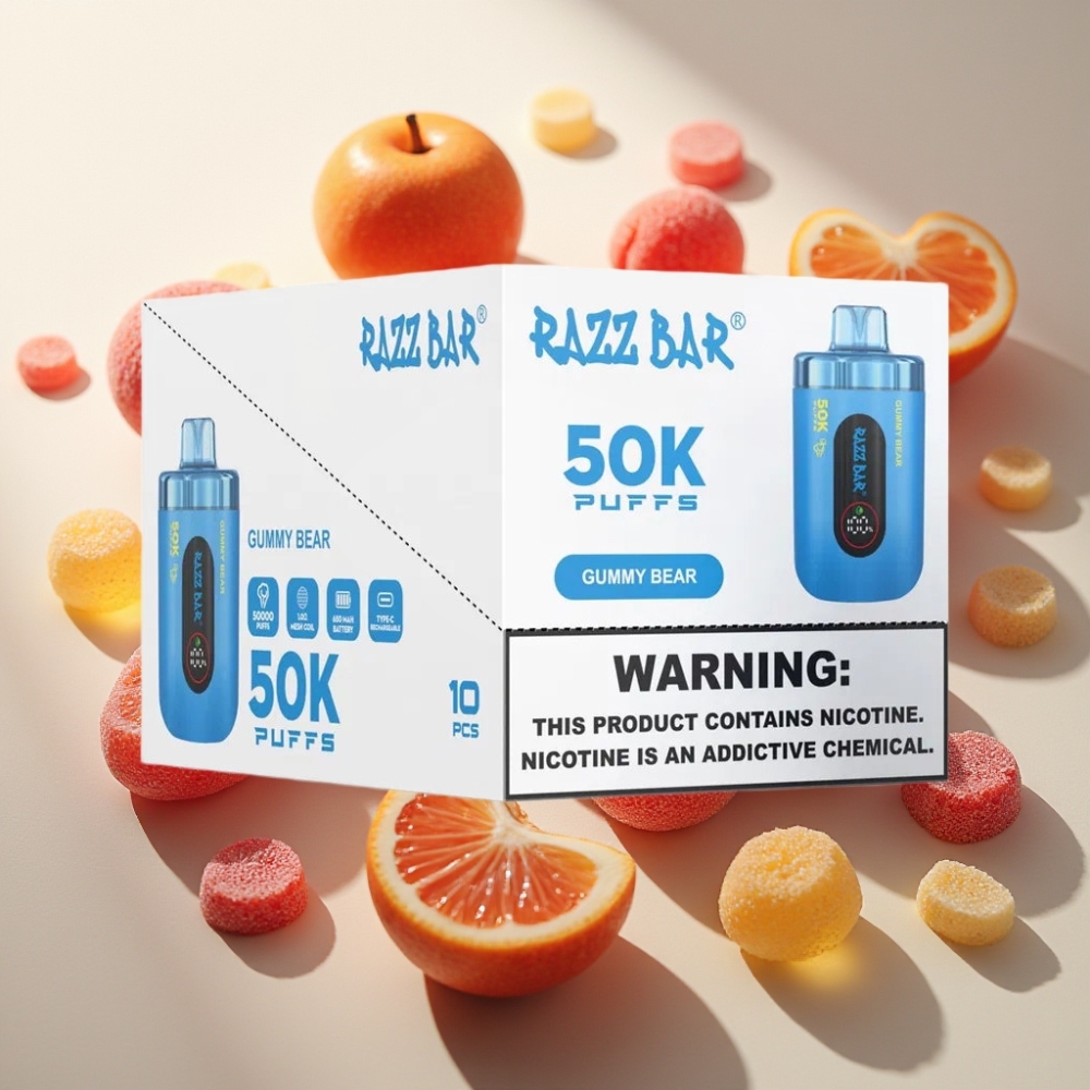 Razz Bar 50K Puffs France Grossiste - E-liquide Ourson Gélifié, 50000 Bouffées, Bobine Mesh 1.0 Ohm, Batterie 650mAh, Rechargeable Type-C, 2% Nicotine