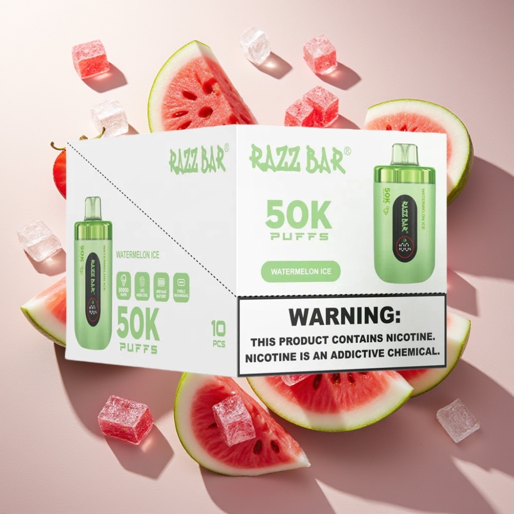 Razz Bar 50K Puffs France Grossiste - Vape Jetable 50000 Bouffées, Coil Mesh 1.0 Ohm, Batterie 650 mAh, Rechargeable Type-C, 2% Nicotine, Glace Pastèque