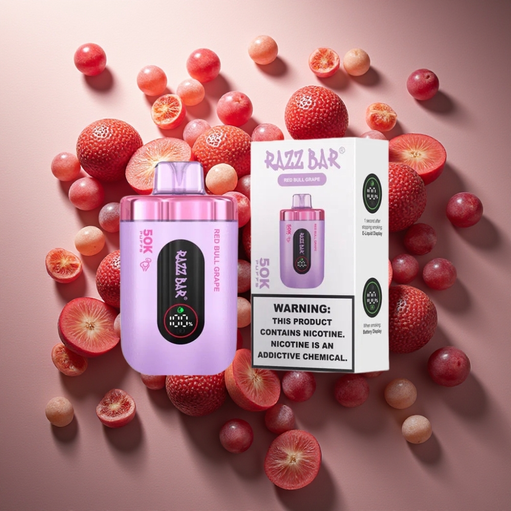 Razz Bar 50K Puffs France Grossiste Vape Jetable - 50000 Puffs, Rechargeable, 2% Nicotine, Red Bull Raisin
