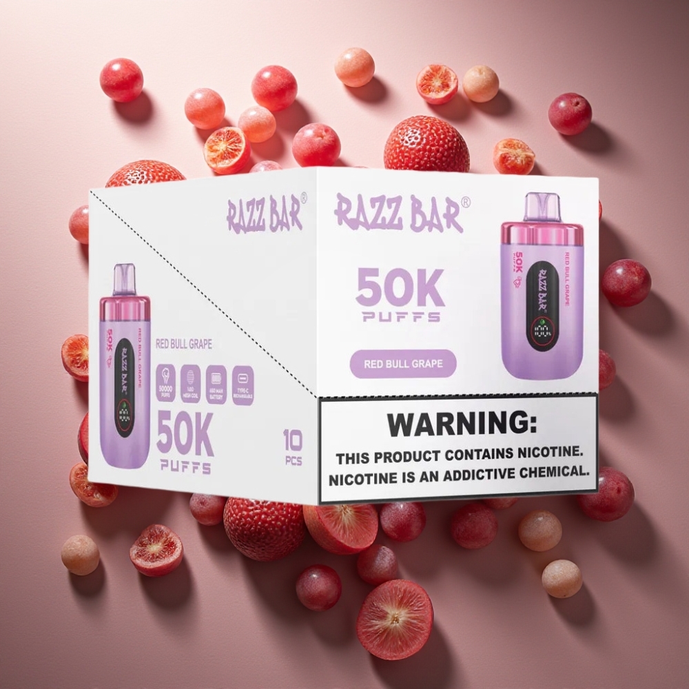Razz Bar 50K Puffs France Grossiste Vape Jetable - 50000 Puffs, Rechargeable, 2% Nicotine, Red Bull Raisin