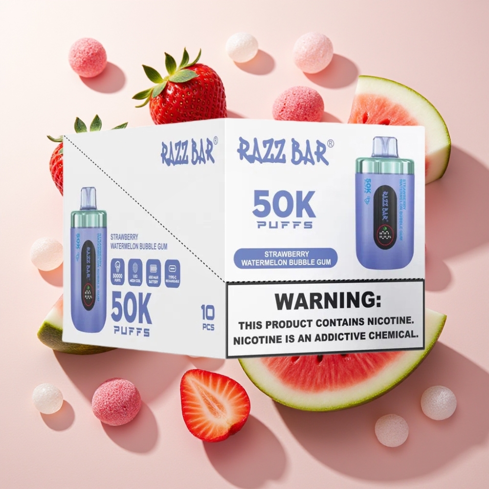 Razz Bar 50K Puffs France Grossiste Vape Jetable - Fraise Pastèque Bubble Gum, 50000 Puffs, Batterie 650 mAh, Rechargeable Type-C