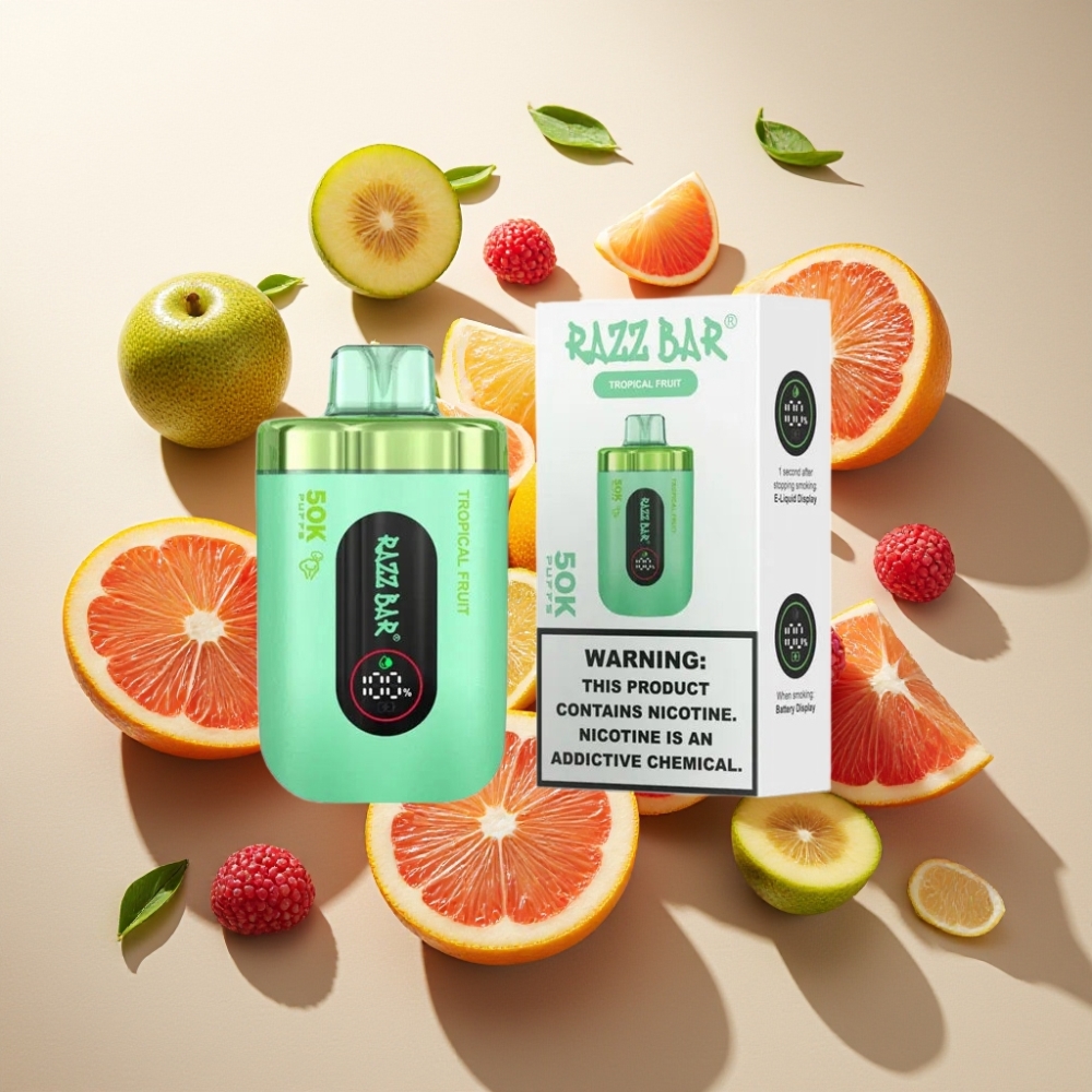 Razz Bar 50K Puffs France Grossiste - Vape Jetable avec 50000 Bouffées, Bobine Mesh 1.0 Ohm, Fruits Tropicaux