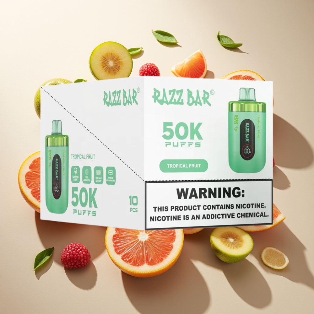 Razz Bar 50K Puffs France Grossiste - Vape Jetable avec 50000 Bouffées, Bobine Mesh 1.0 Ohm, Fruits Tropicaux
