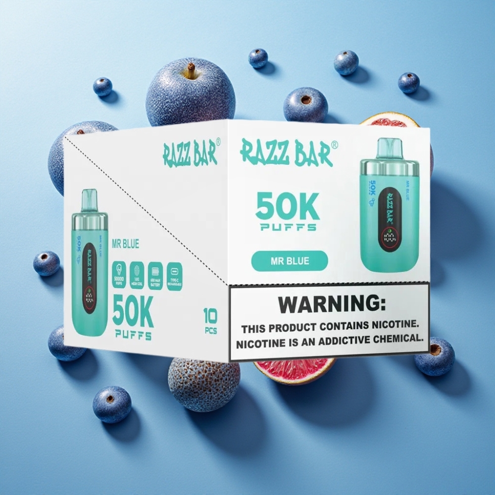Razz Bar 50K Puffs - Vape Jetable Rechargeable avec Bobine Mesh 1.0 Ohm - France Grossiste - M. Bleu