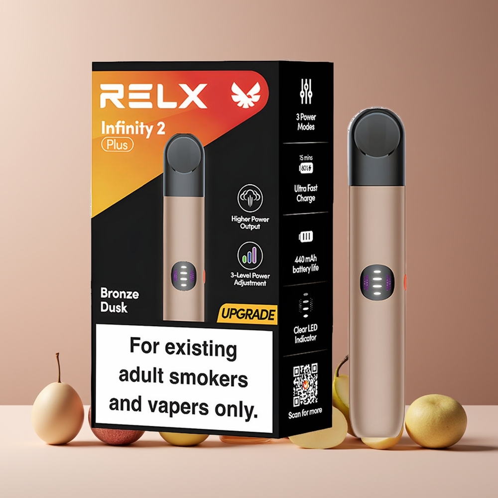 RELX Infinity 2 Plus France grossiste - Appareil avec modes ajustables (6,5W, 8W, 10W), batterie rechargeable 440mAh, port Type-C, crépuscule bronze