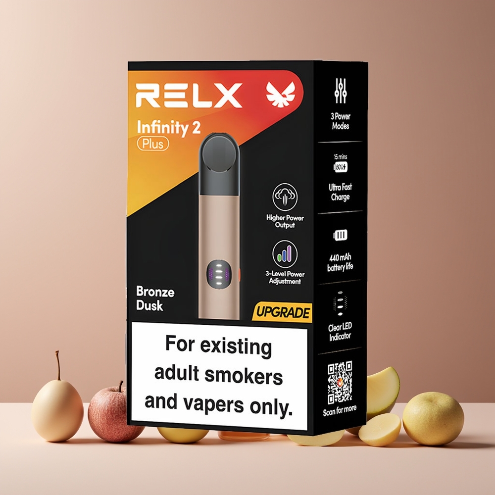 RELX Infinity 2 Plus France grossiste - Appareil avec modes ajustables (6,5W, 8W, 10W), batterie rechargeable 440mAh, port Type-C, crépuscule bronze