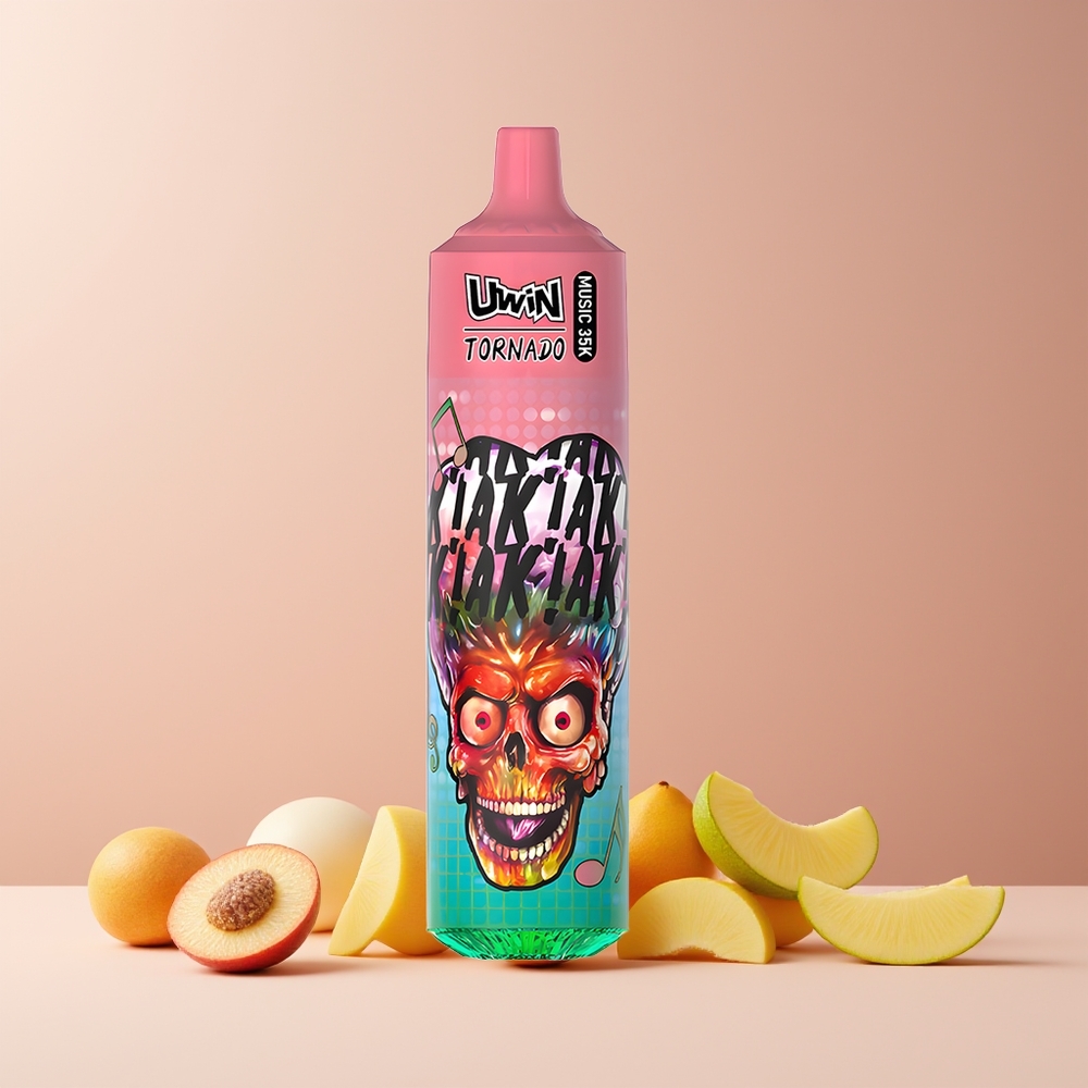 Uwin Tornado 35K Music Disposable Vape Pêche Mangue Ananas - France grossiste - 35 000 bouffées, Batterie rechargeable 600mAh, Mesh Coil 1.0 Ohm
