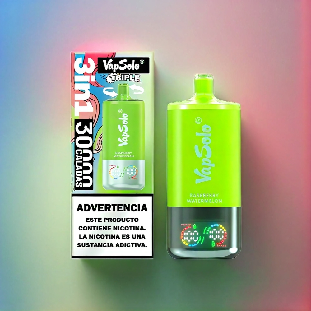 Vapsolo Tripe 30000 Puffs France Grosiste - Framboise Pastèque, 40 ml, 3 réservoirs, port de type C