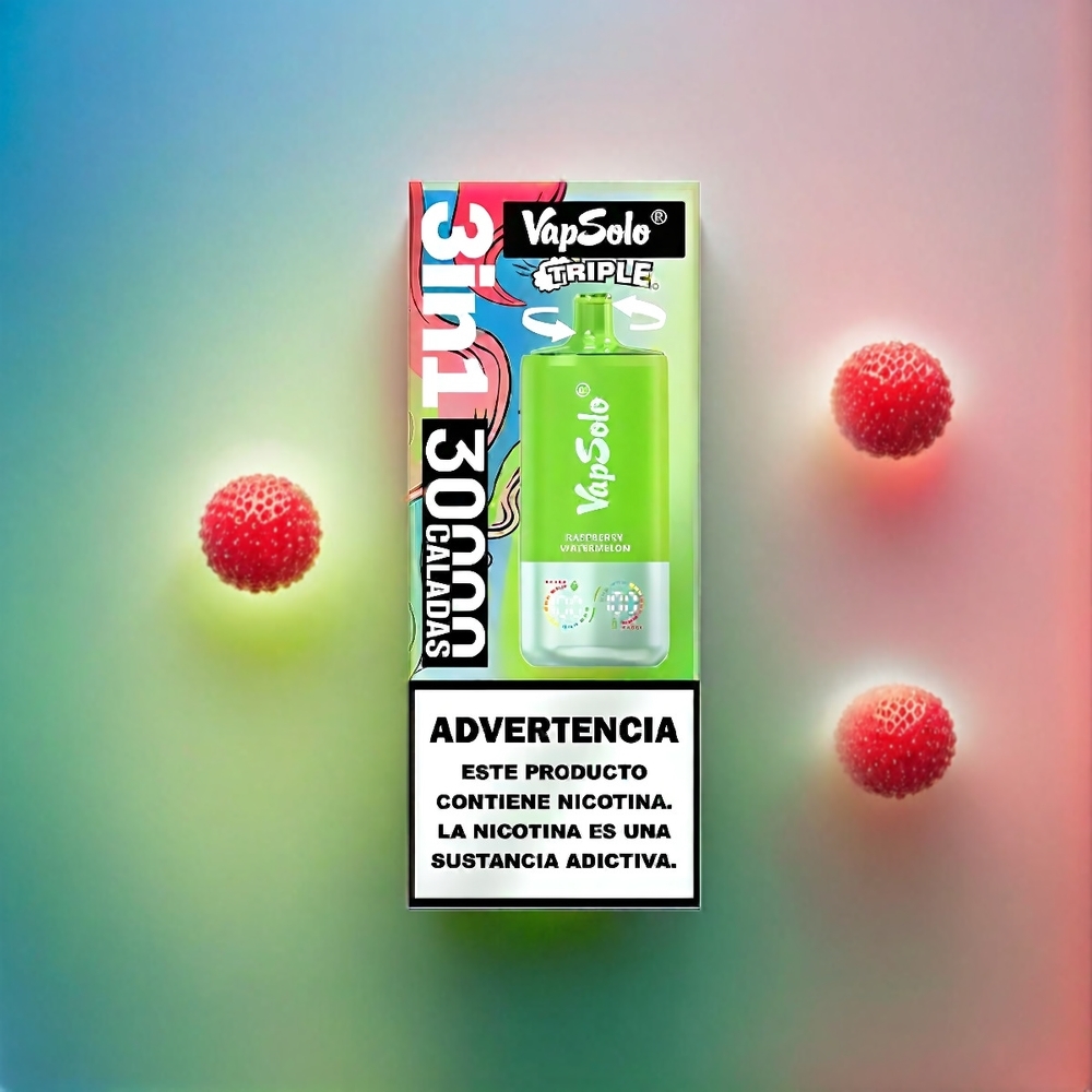 Vapsolo Tripe 30000 Puffs France Grosiste - Framboise Pastèque, 40 ml, 3 réservoirs, port de type C