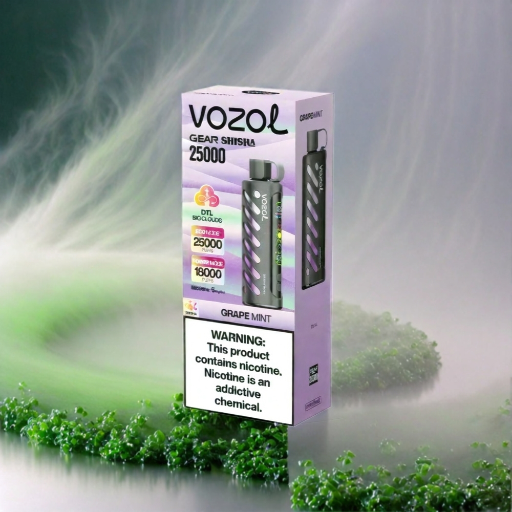 Vozol Gear Shisha 25000 Puffs - France Grosiste - 30 sauvegardes Délicieus, Double Mesh Double Modes, S.I.L.C Tech, 1000mAh - Vape Menthe Raisin